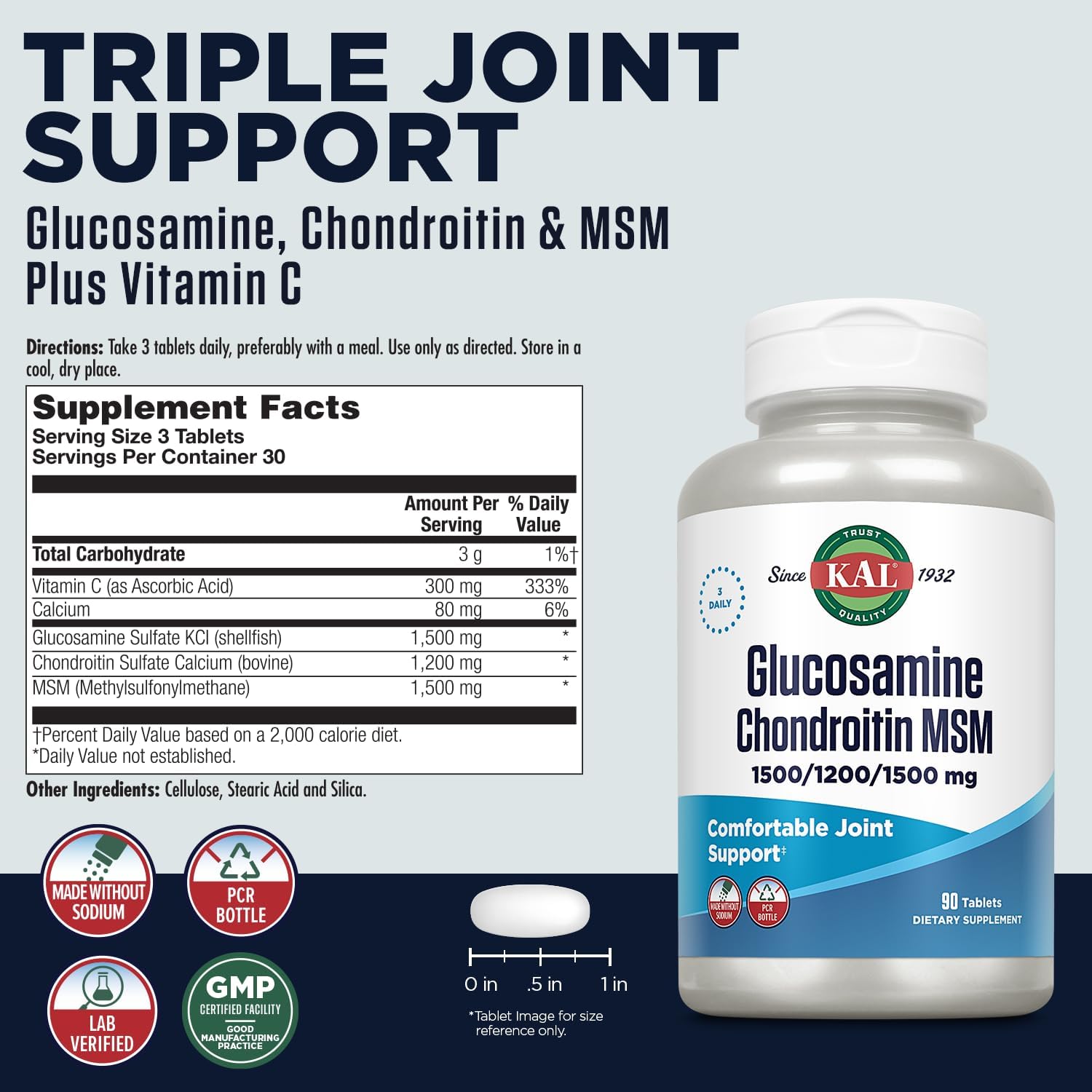 Glucosamine Chondroitin MSM Joint Support Supplement, 1500mg Glucosamine Sulfate, 1200mg Chondroitin, 1500mg MSM, 90 Tablets, 30 Servings, Fast Dissolve, 60-Day Guarantee