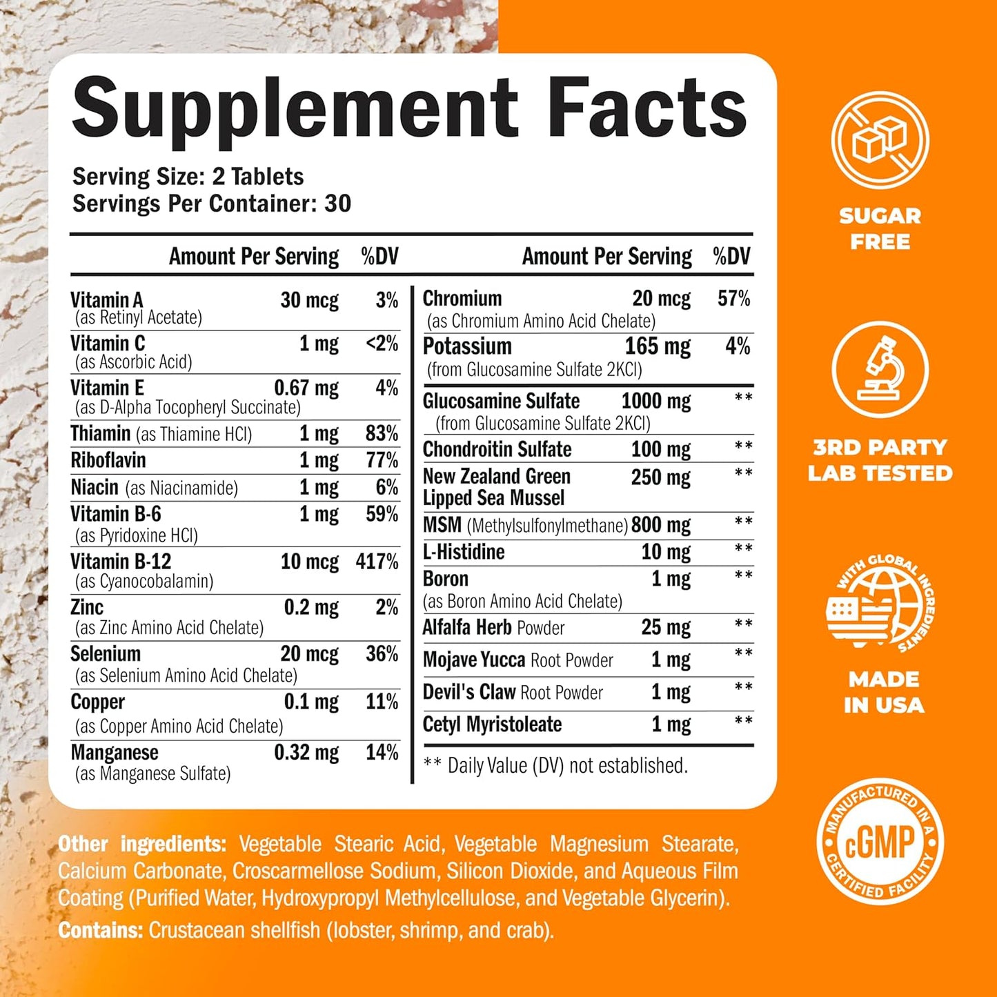 Glucosamine Chondroitin MSM Joint Support Supplement with 1000mg Glucosamine Sulfate - 60 Tablets for Joint Health in Women and Men