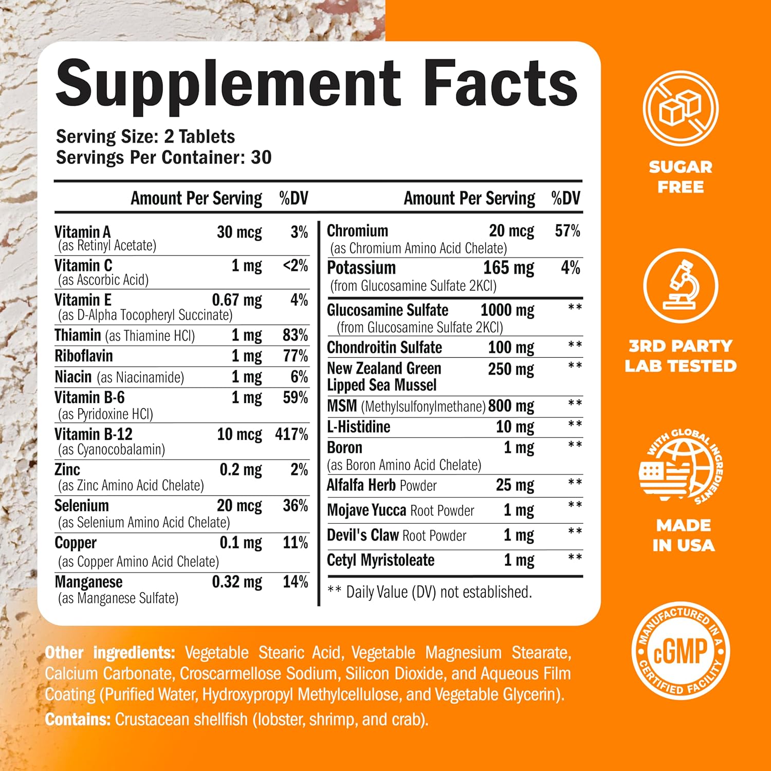 Glucosamine Chondroitin MSM Joint Support Supplement with 1000mg Glucosamine Sulfate - 60 Tablets for Joint Health in Women and Men