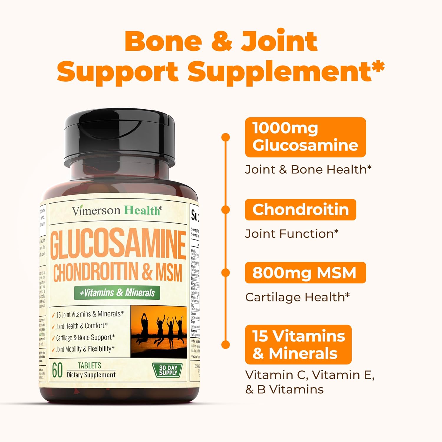 Glucosamine Chondroitin MSM Joint Support Supplement with 1000mg Glucosamine Sulfate - 60 Tablets for Joint Health in Women and Men