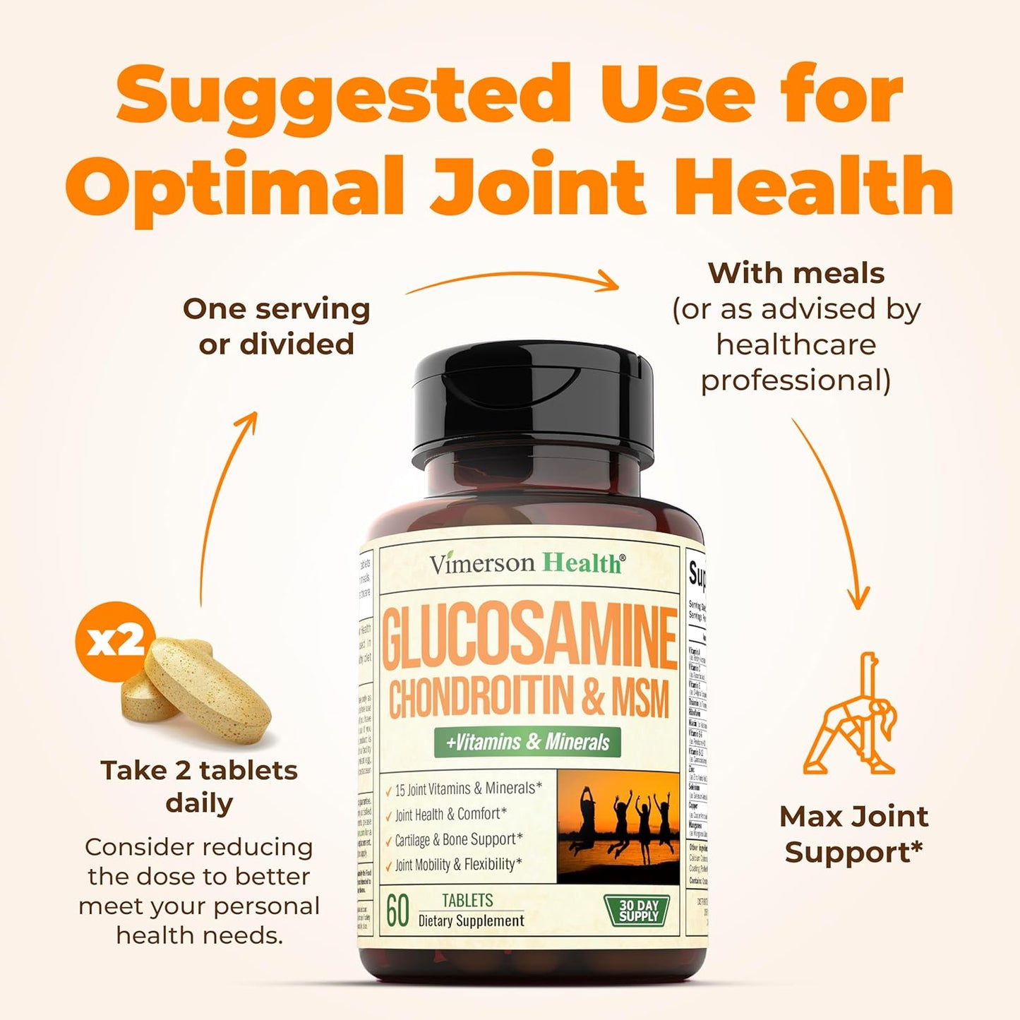Glucosamine Chondroitin MSM Joint Support Supplement with 1000mg Glucosamine Sulfate - 60 Tablets for Joint Health in Women and Men