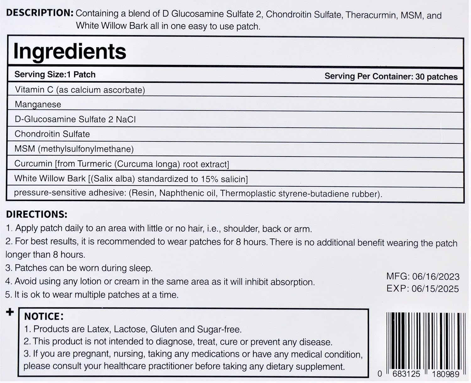 Glucosamine Chondroitin MSM Patch for Joint Health & Mobility - Joint Discomfort Relief & Flexibility Support