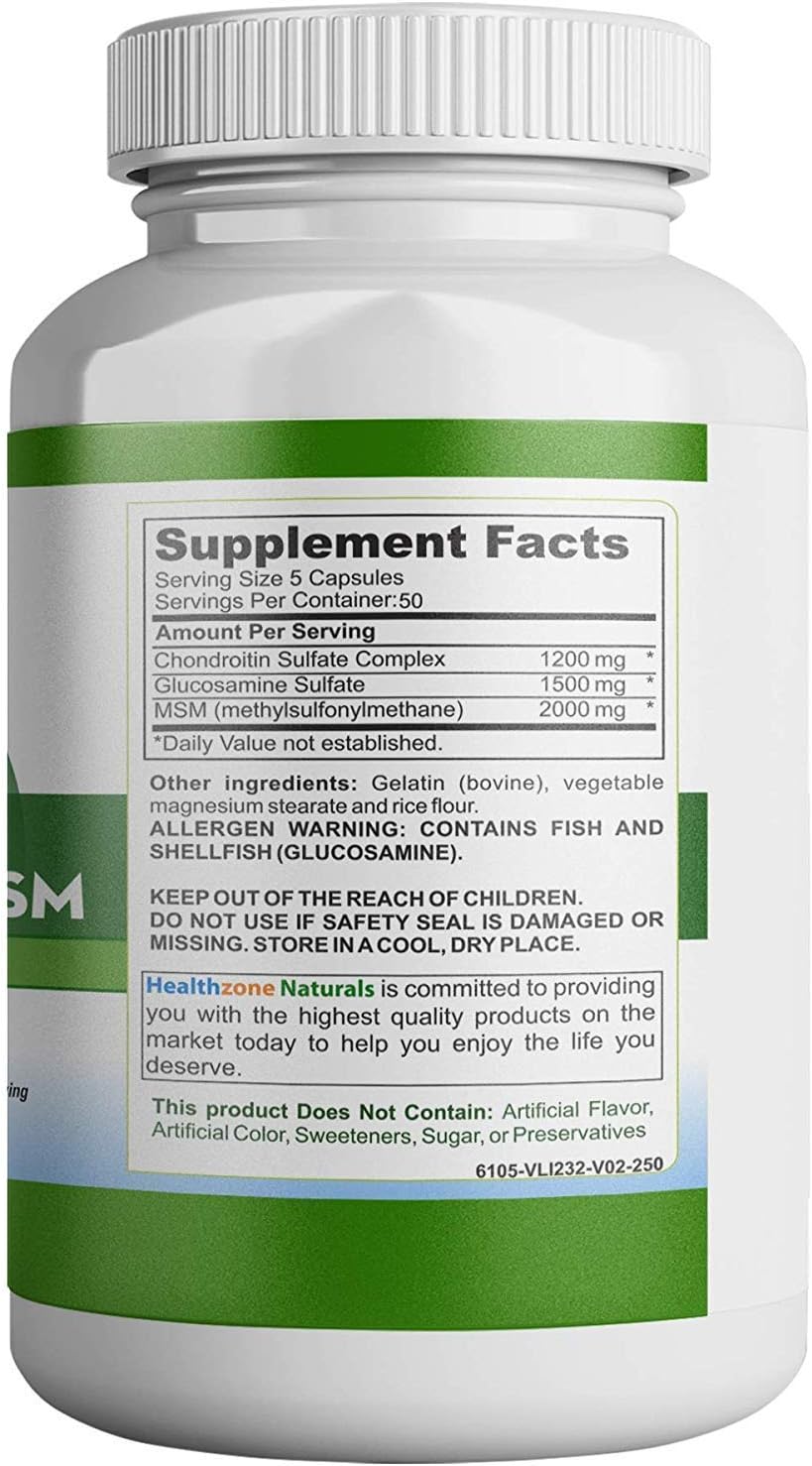 Glucosamine Chondroitin MSM Supplement for Joint Health Support - Triple Strength Formula for Knee, Hip, Finger, Wrist, Elbow, Shoulder, Back Pain - Non-GMO - 250 Capsules