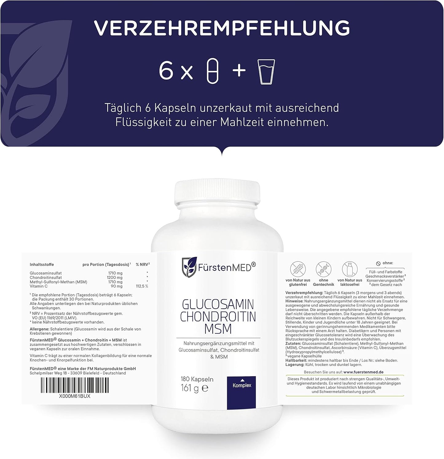 Glucosamine Chondroitin MSM Supplement for Joint Health - Nutritional Support for Bones and Cartilage with Vitamin C - 180 Capsules by FürstenMED®