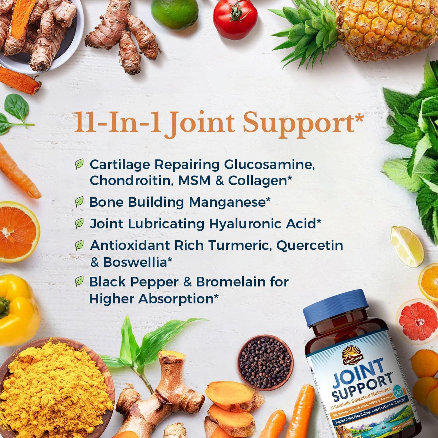 Glucosamine Chondroitin MSM Turmeric Collagen HA Boswellia Quercetin Bromelain 11-in-1 Joint Formula 90 Capsules