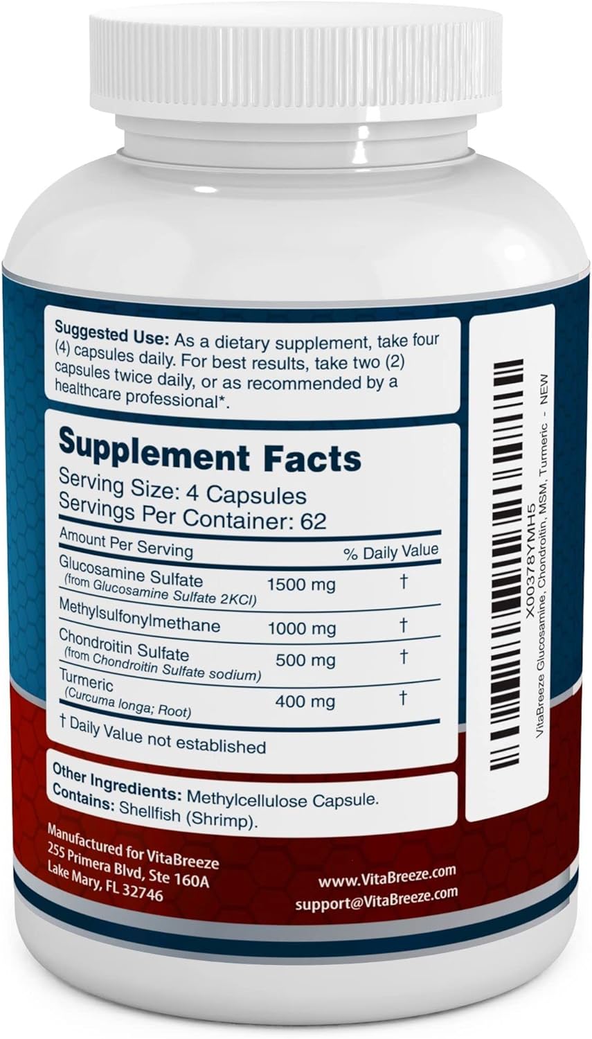 Glucosamine Chondroitin, MSM & Turmeric Supplement - 248 Capsules by VitaBreeze