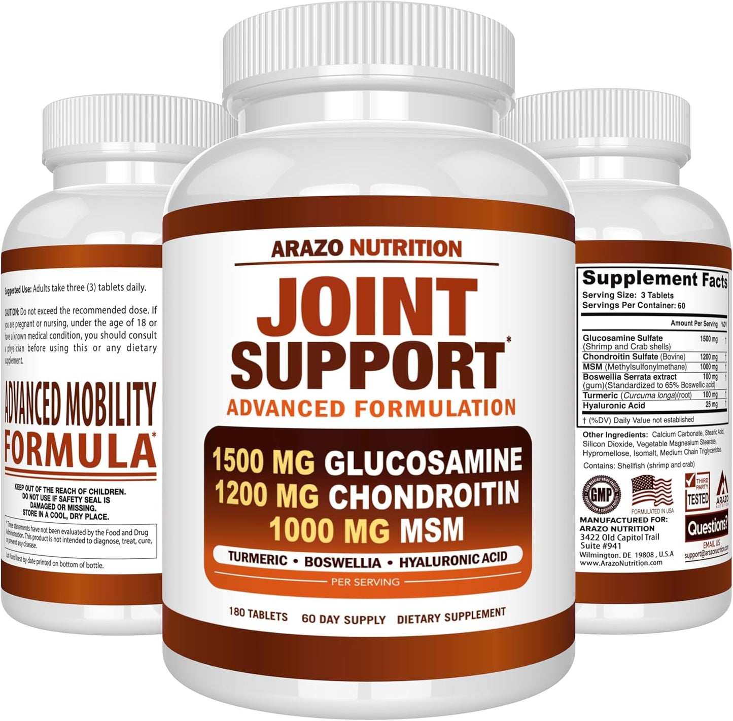 Glucosamine Chondroitin Turmeric MSM Boswellia Joint Support Supplement - 180 Tablets for Bone, Back, Knee, Hand Relief