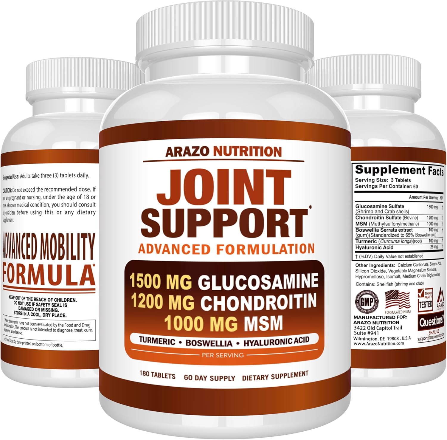 Glucosamine Chondroitin Turmeric MSM Boswellia Joint Support Supplement - 180 Tablets for Bone, Back, Knee, Hand Relief