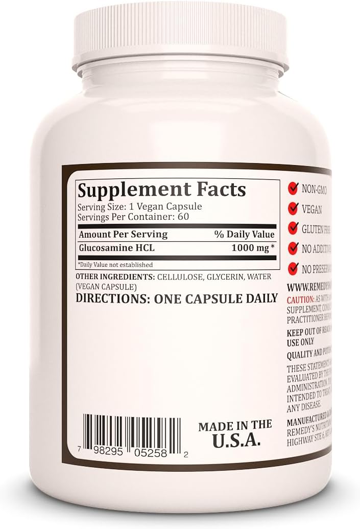 Glucosamine HCL 1,000mg Vegan Capsules | 60 Count Dietary Supplement | Non-GMO, Gluten-Free, Dairy-Free