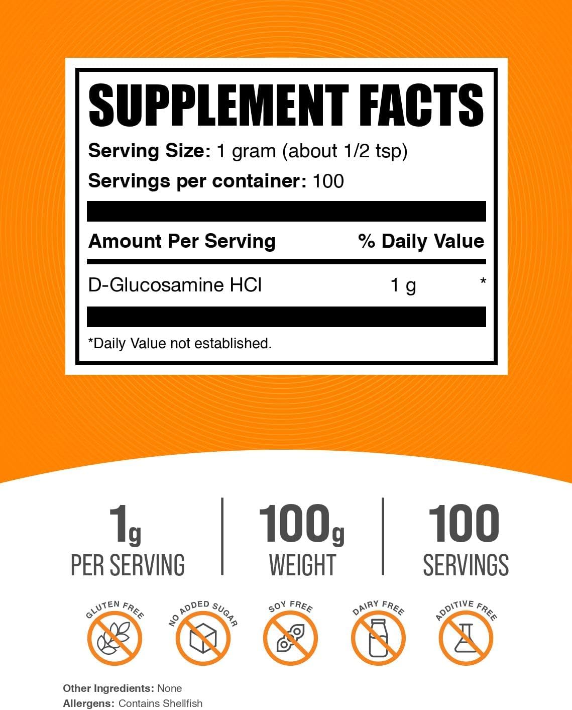 Glucosamine HCl Powder - 1000mg Supplement, Gluten Free, 100g - BulkSupplements.com