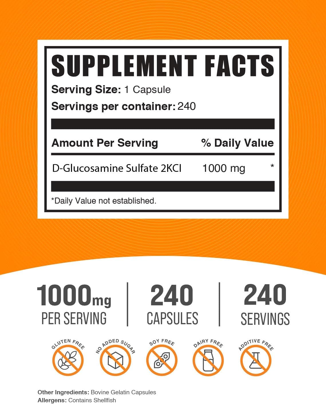 Glucosamine Sulfate 1000mg Capsules - Joint Support Supplement, Gluten Free, 240 Capsules - BulkSupplements.com