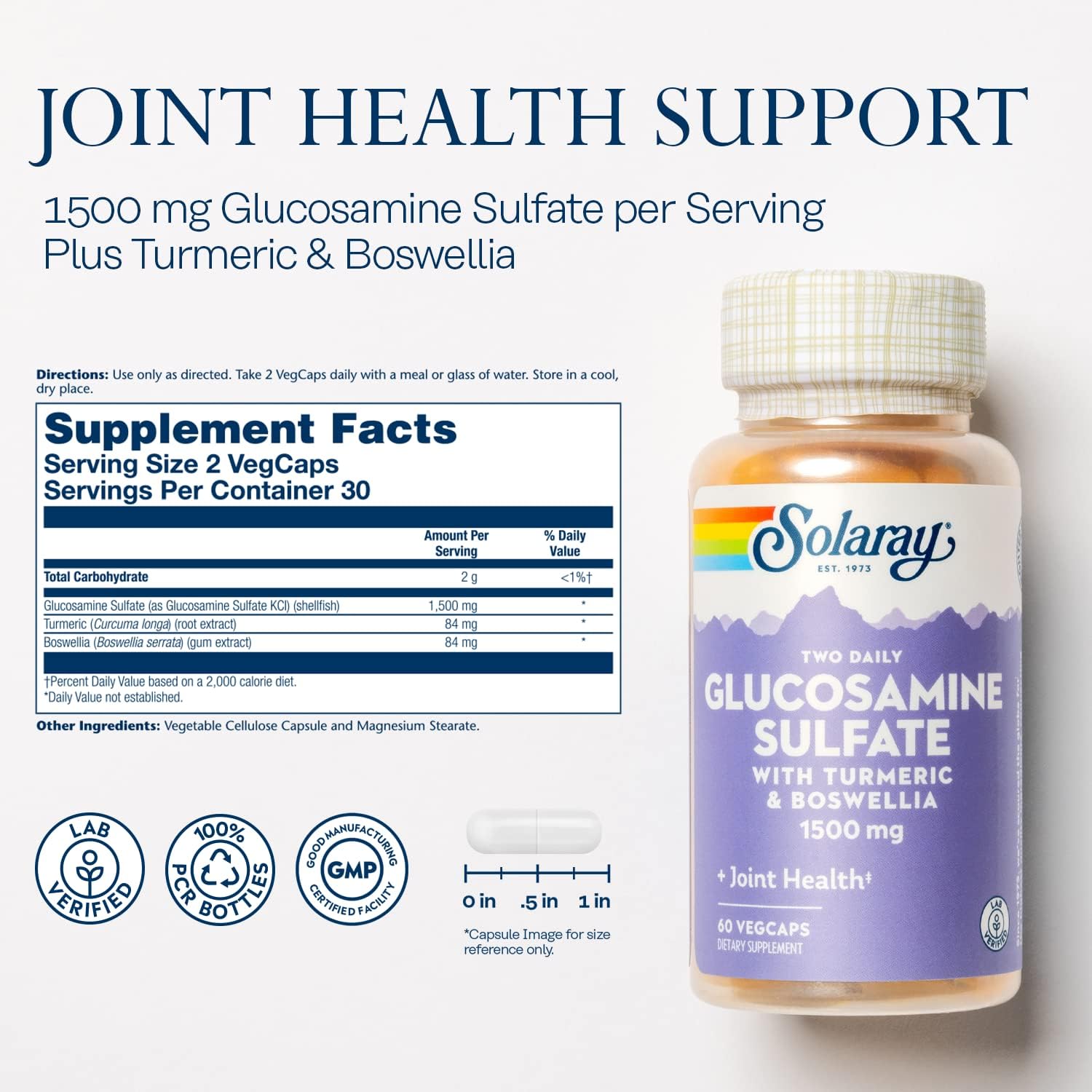 Glucosamine Sulfate Joint Support Supplement with Turmeric & Boswellia - 1500mg, 60 VegCaps, 30 Servings, 60-Day Guarantee