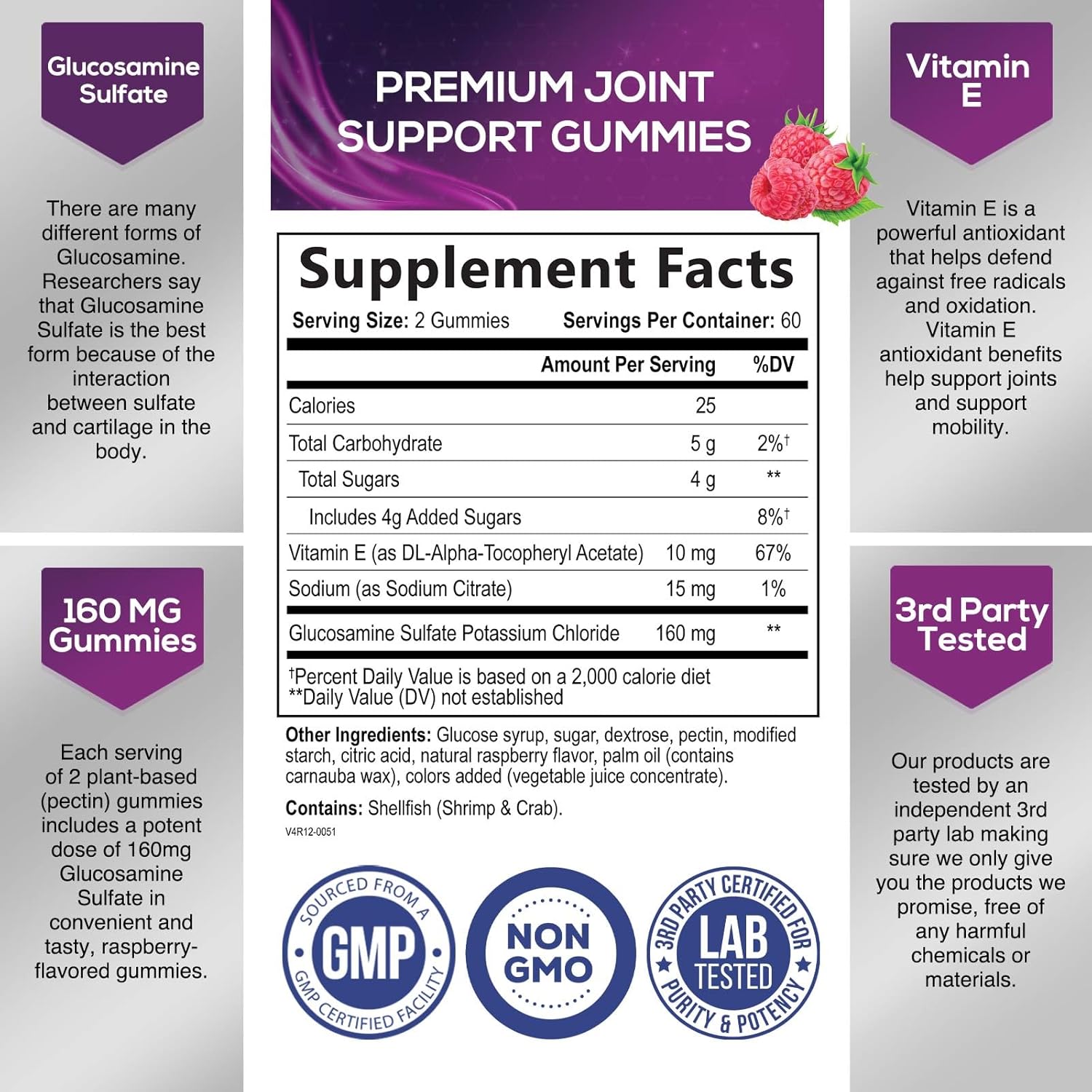 Glucosamine & Vitamin E Gummies for Joint Support - 120 Count - Natural Supplement for Back, Knees, & Hands - Cartilage & Flexibility Support