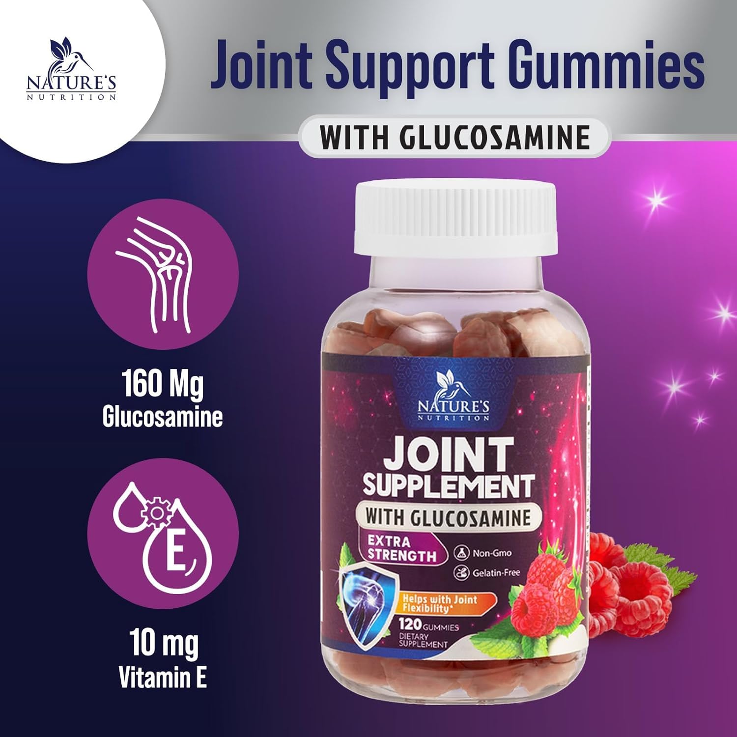 Glucosamine & Vitamin E Gummies for Joint Support - 120 Count - Natural Supplement for Back, Knees, & Hands - Cartilage & Flexibility Support