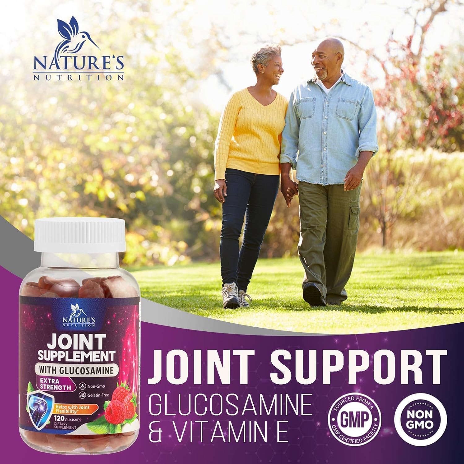 Glucosamine & Vitamin E Gummies for Joint Support - 120 Count - Natural Supplement for Back, Knees, & Hands - Cartilage & Flexibility Support