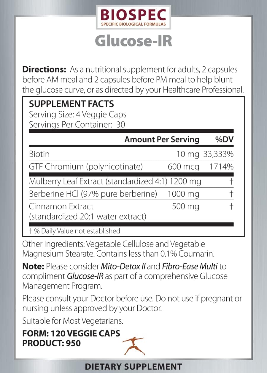 Glucose-IR Supplement with Cinnamon Extract, Chromium, Berberine, and Biotin - 120 Capsules