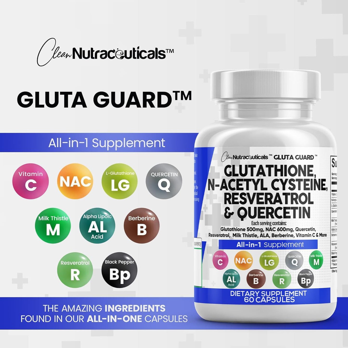 Glutathione 500mg Supplement with Vitamin C, N Acetyl Cysteine, Berberine, Resveratrol, Quercetin, Alpha Lipoic Acid for Women - 60 Ct USA Made