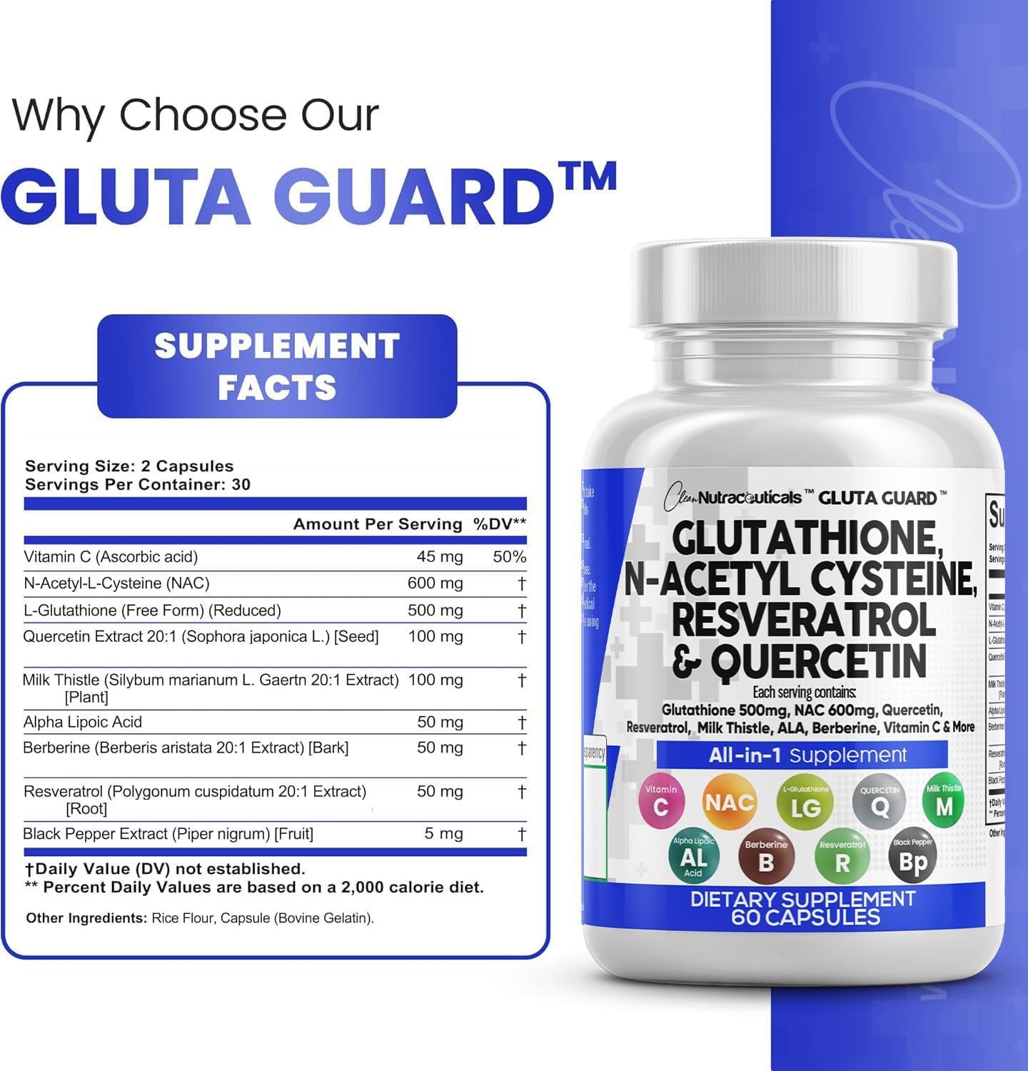Glutathione 500mg Supplement with Vitamin C, N Acetyl Cysteine, Berberine, Resveratrol, Quercetin, Alpha Lipoic Acid for Women - 60 Ct USA Made
