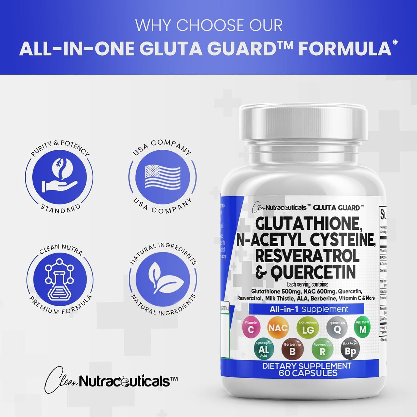 Glutathione 500mg Supplement with Vitamin C, N Acetyl Cysteine, Berberine, Resveratrol, Quercetin, Alpha Lipoic Acid for Women - 60 Ct USA Made