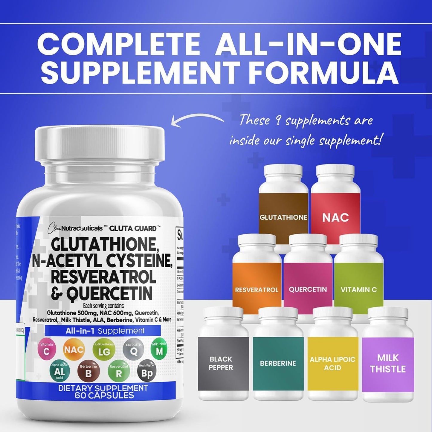 Glutathione 500mg Supplement with Vitamin C, N Acetyl Cysteine, Berberine, Resveratrol, Quercetin, Alpha Lipoic Acid for Women - 60 Ct USA Made