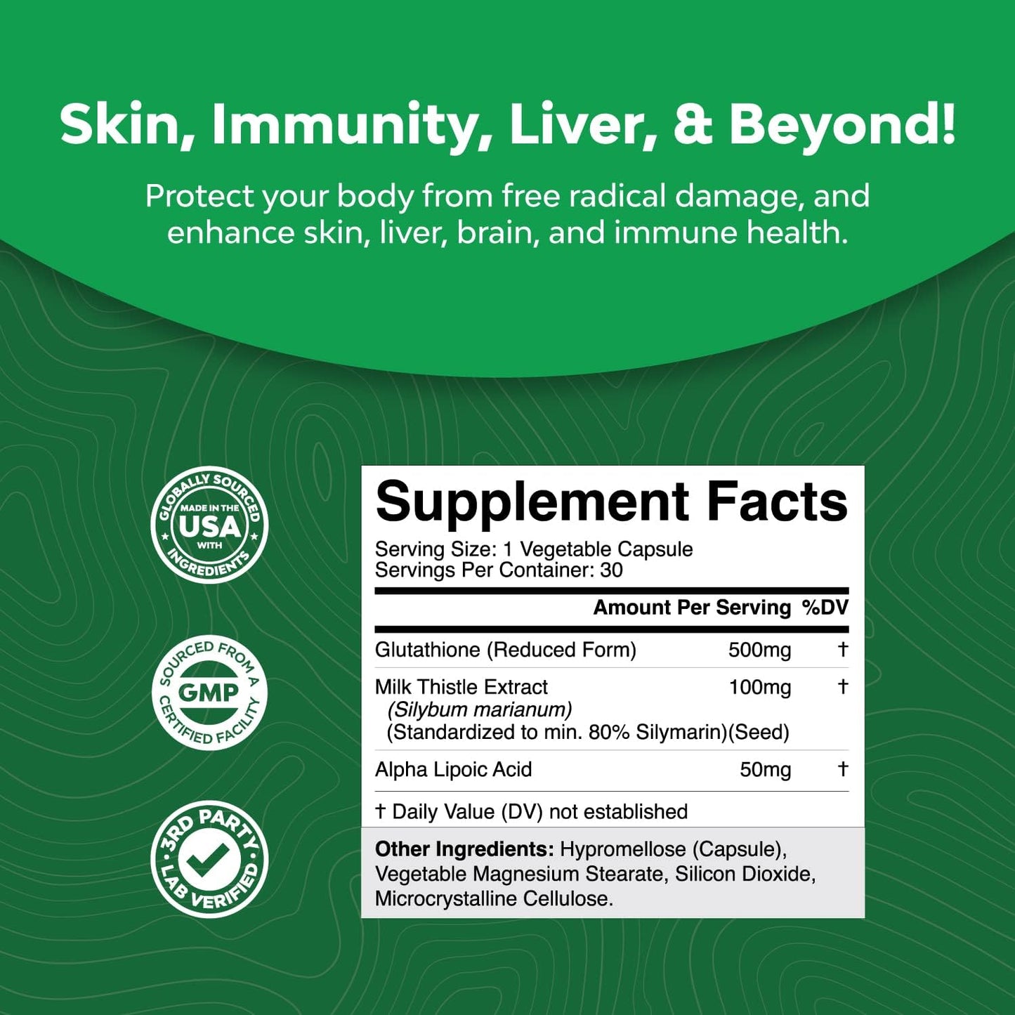 Glutathione Amino Acid Supplement for Liver and Skin Support - Pure L Pills with Glutamic Acid and Milk Thistle Seed Extract - Immune Boosting Formula