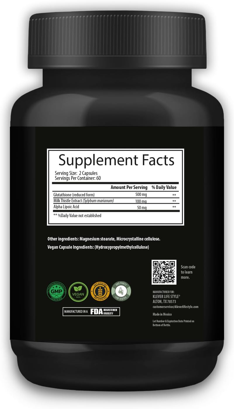 Glutathione Antioxidant Supplement for Cellular Health, Detox, Tissue Repair, Immunity - 120 Capsules, 500mg