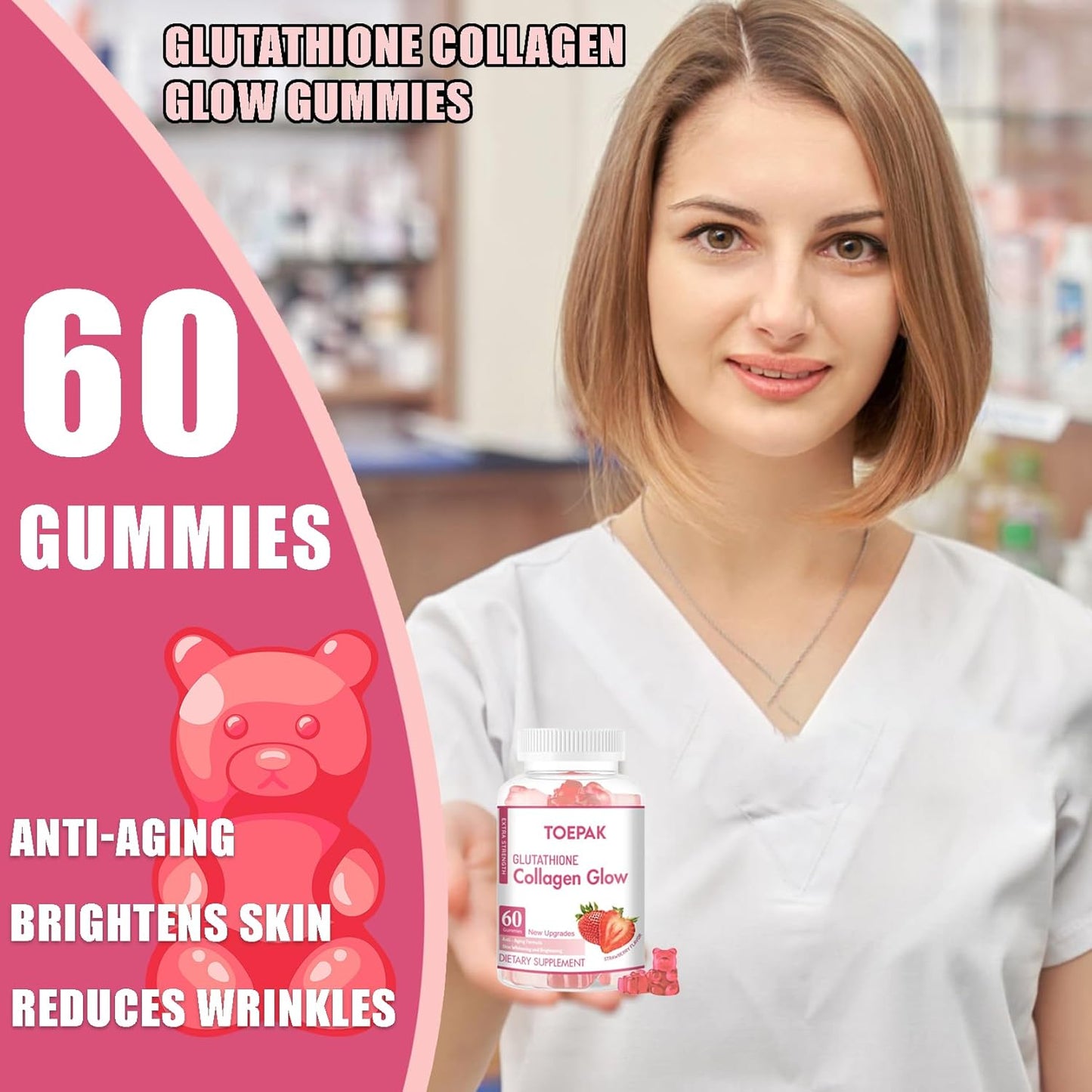 Glutathione Collagen Glow Gummies for Women - Anti-Aging Skin Brightening with Strawberry Flavor - 120 Gummies, 60 Servings
