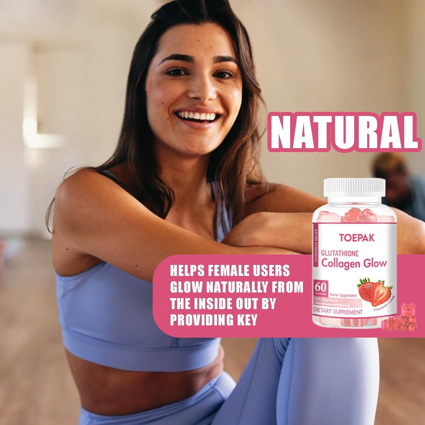 Glutathione Collagen Glow Gummies for Women - Anti-Aging Skin Brightening with Strawberry Flavor - 120 Gummies, 60 Servings