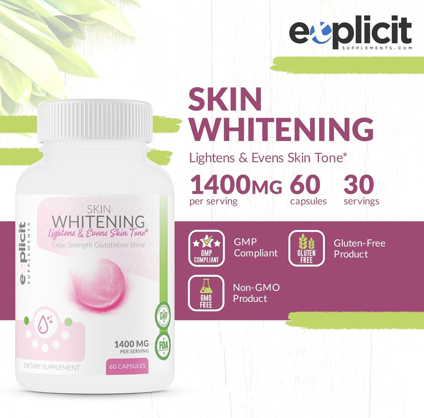 Glutathione Skin Whitening Supplement 1000mg - Clear Dark Spots, Acne Scars - 60 Capsules