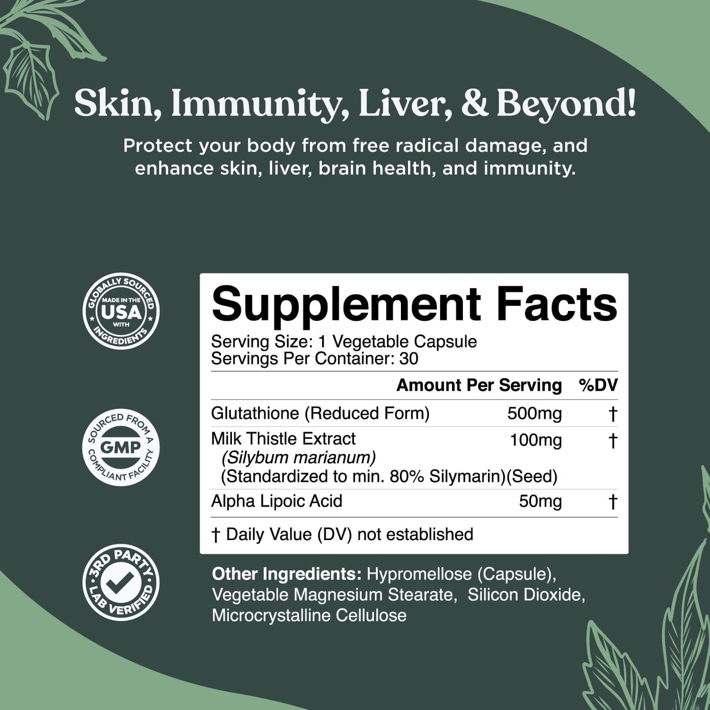 Glutathione Supplement 500mg for Skin Whitening & Liver Health - Natural Antioxidant with Milk Thistle Extract - 30 Veg Capsules