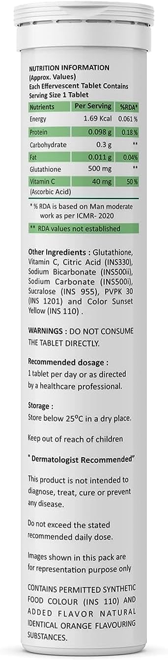 Glutathione with Vitamin C Effervescent Tablets for Even Skin Tone - Sugar-Free Orange Flavor, 15 Tablets