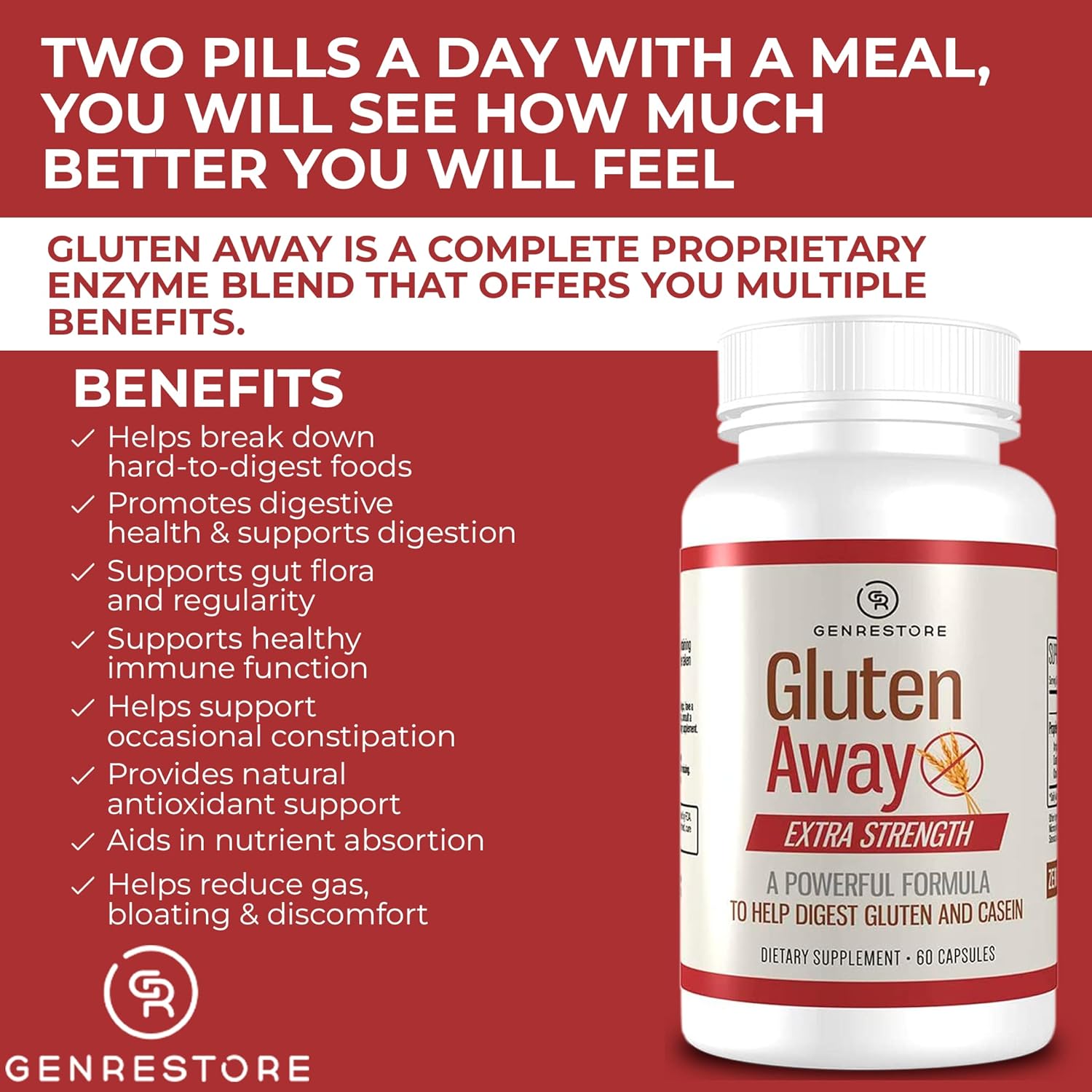 Gluten Digestive Enzyme Supplement for Men and Women - 60 Capsules, Improved Protein Absorption, Enhanced Digestion, Genrestore Gluten Away Formula