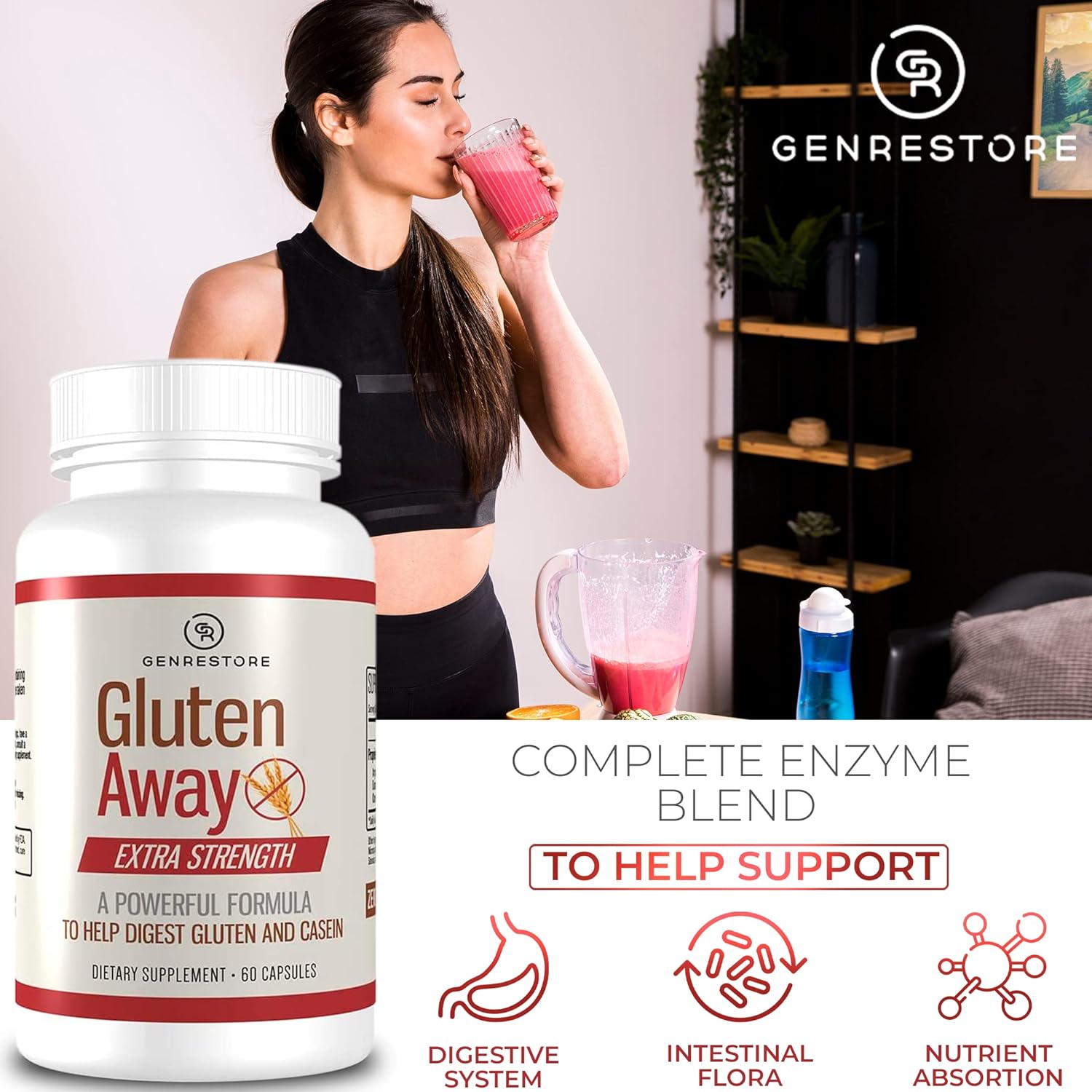 Gluten Digestive Enzyme Supplement for Men and Women - 60 Capsules, Improved Protein Absorption, Enhanced Digestion, Genrestore Gluten Away Formula