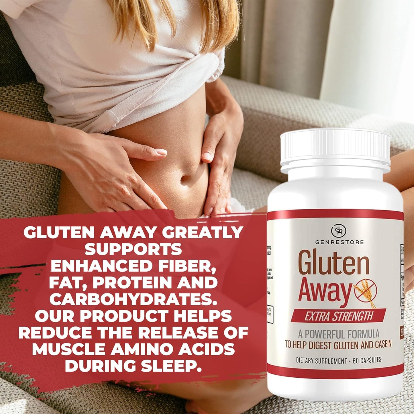 Gluten Digestive Enzyme Supplement for Men and Women - 60 Capsules, Improved Protein Absorption, Enhanced Digestion, Genrestore Gluten Away Formula
