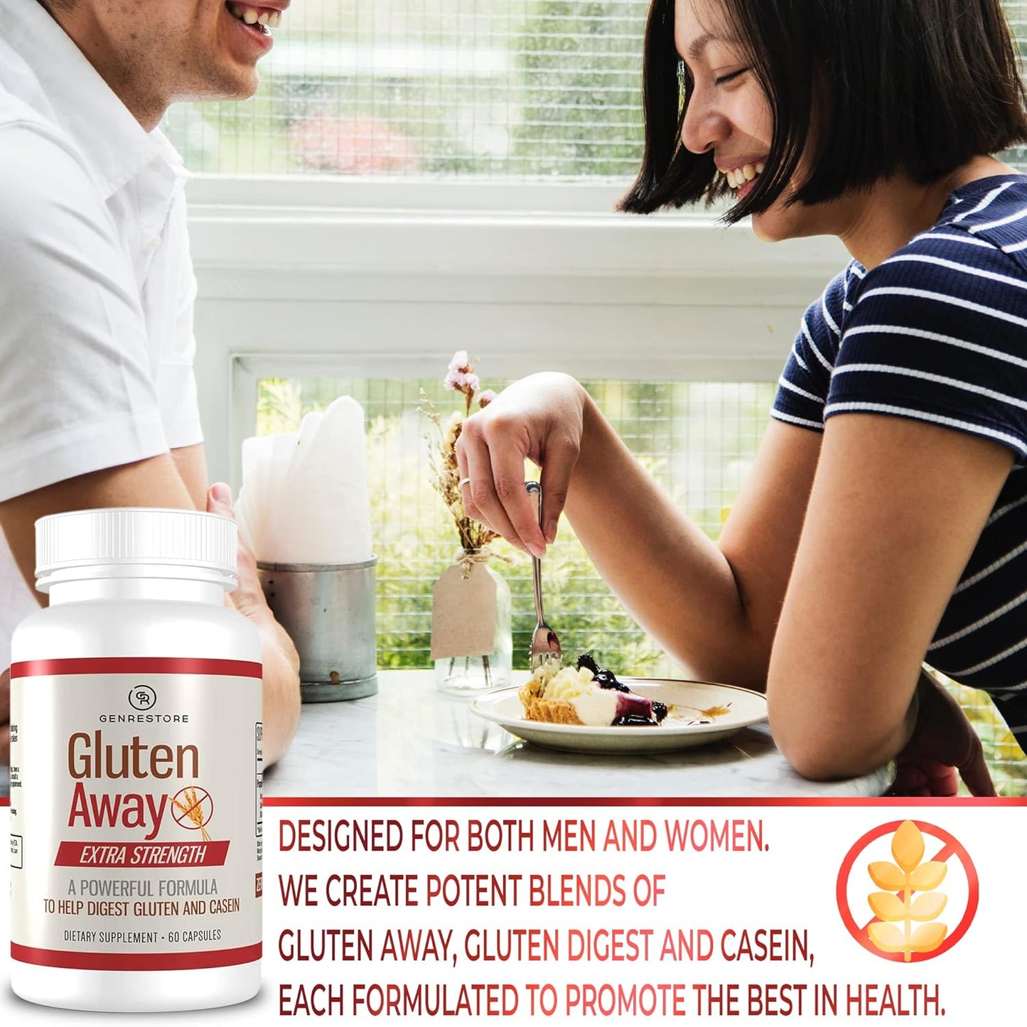 Gluten Digestive Enzyme Supplement for Men and Women - 60 Capsules, Improved Protein Absorption, Enhanced Digestion, Genrestore Gluten Away Formula