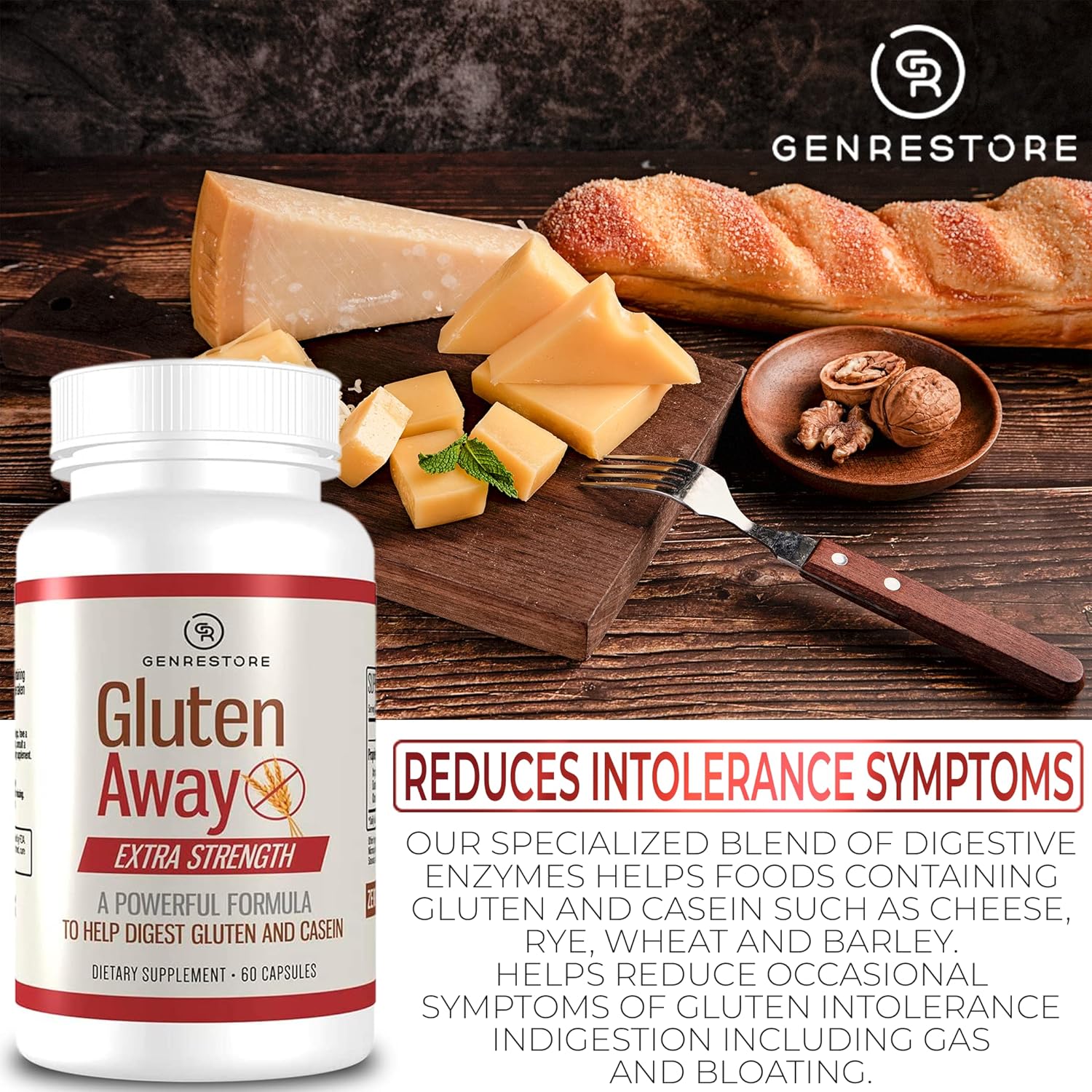 Gluten Digestive Enzyme Supplement for Men and Women - 60 Capsules, Improved Protein Absorption, Enhanced Digestion, Genrestore Gluten Away Formula