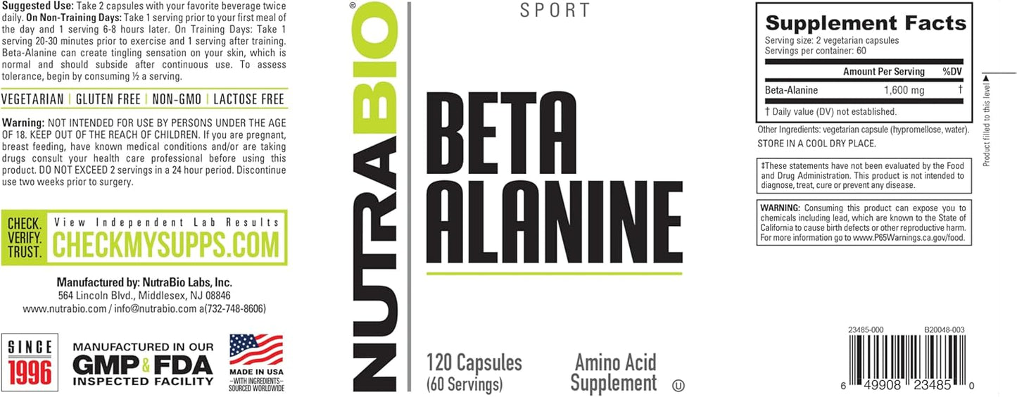 Gluten-Free Beta-Alanine Supplement 800mg - Pre-Workout Capsules to Reduce Lactic Acid and Muscle Fatigue
