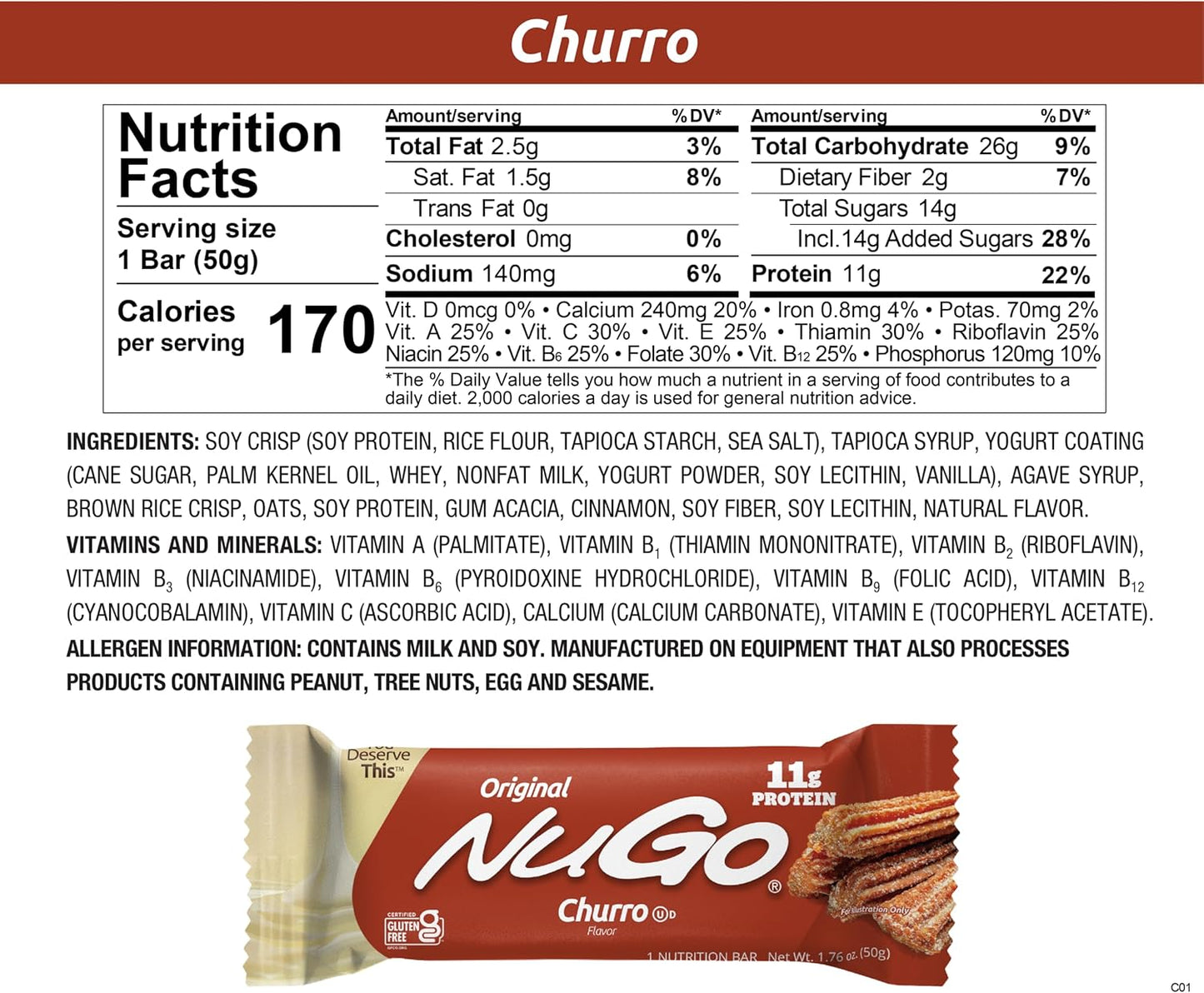 Gluten Free Churro Protein Bar with 11g Protein - Pack of 15