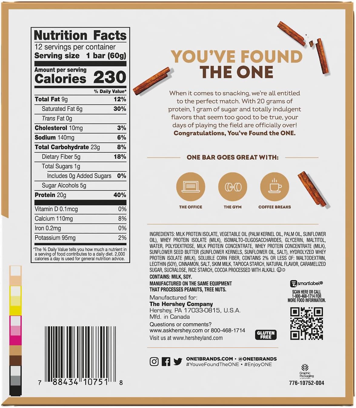 Gluten-Free Cinnamon Roll Protein Bars with 20g Protein and 1g Sugar - Pack of 12