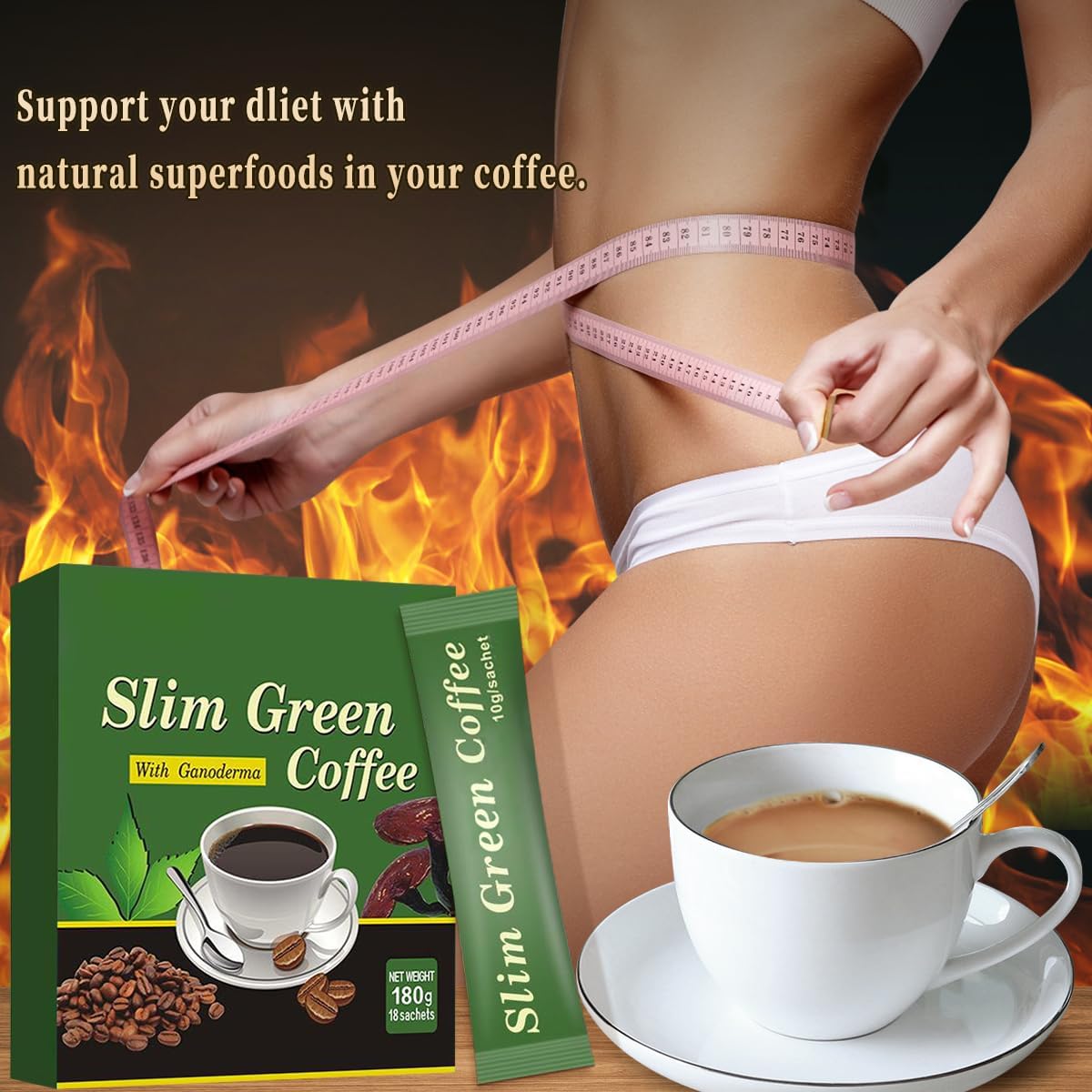 Gluten-Free Green Coffee Bean Extract Powder with 10 Natural Health Blends - 180g (18 Sachets)