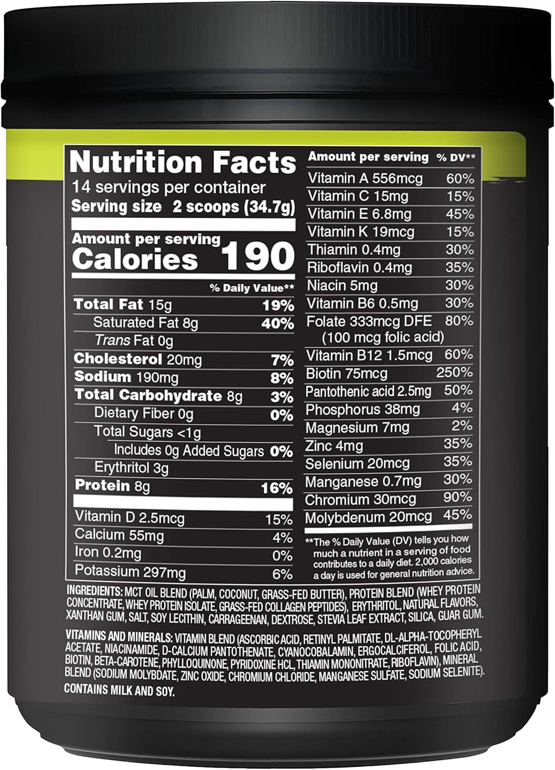 Gluten-Free Keto Meal Replacement Powder with MCTs and Grass-Fed Butter - Creamy Vanilla Milkshake Flavor - 14 Servings - Pantry Friendly - 17.1 Fl Oz