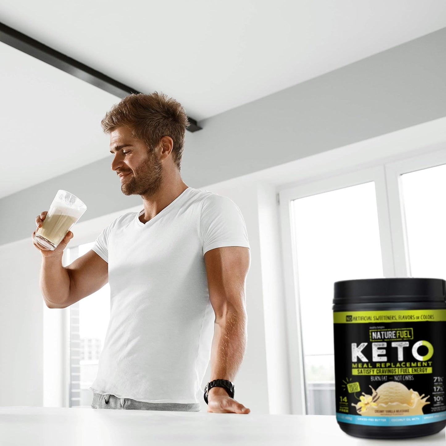 Gluten-Free Keto Meal Replacement Powder with MCTs and Grass-Fed Butter - Creamy Vanilla Milkshake Flavor - 14 Servings - Pantry Friendly - 17.1 Fl Oz