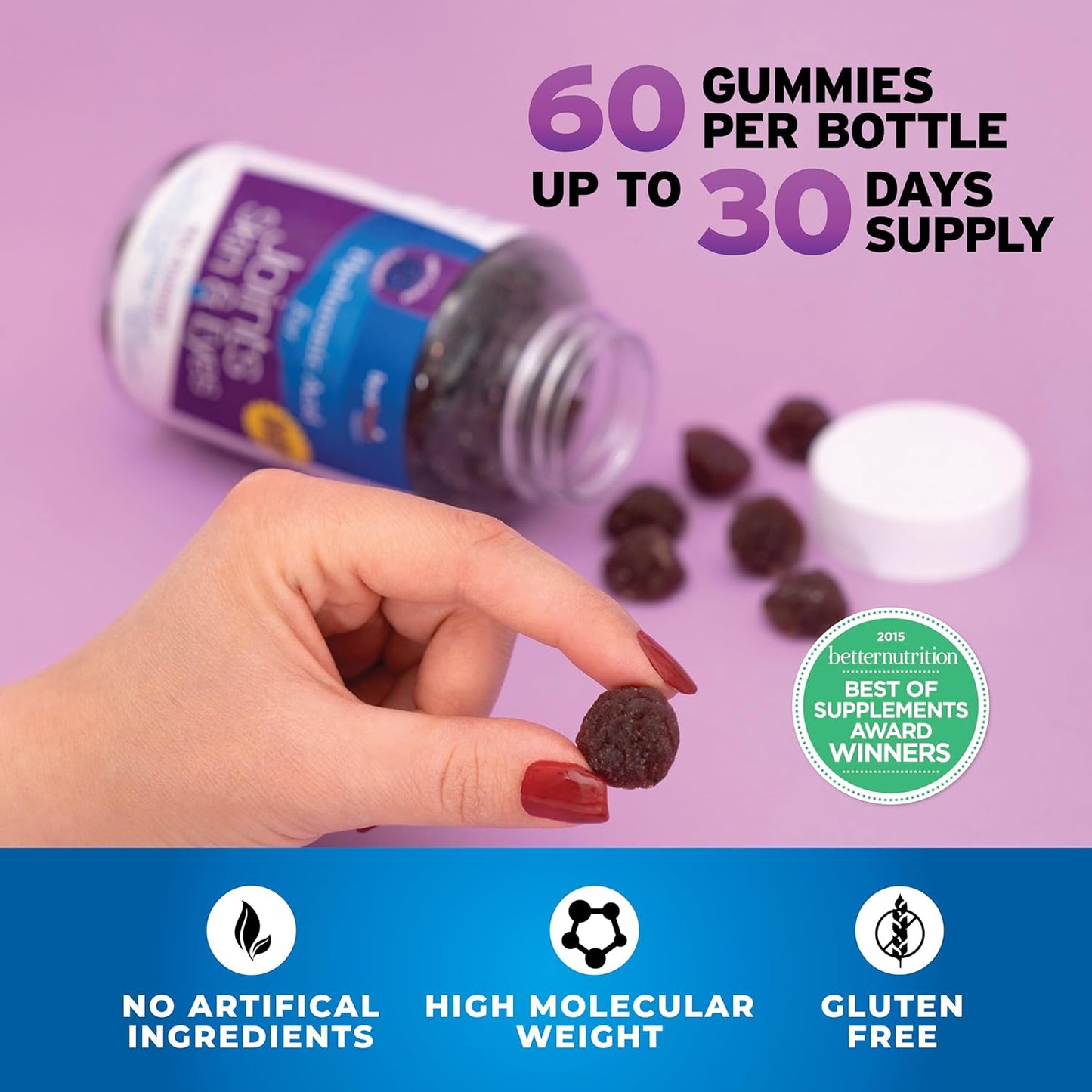 Gluten-Free Mixed Berry Hyaluronic Acid Gummies for Adults - 60 Count (120mg) - Supports Joints, Skin, and Eyes
