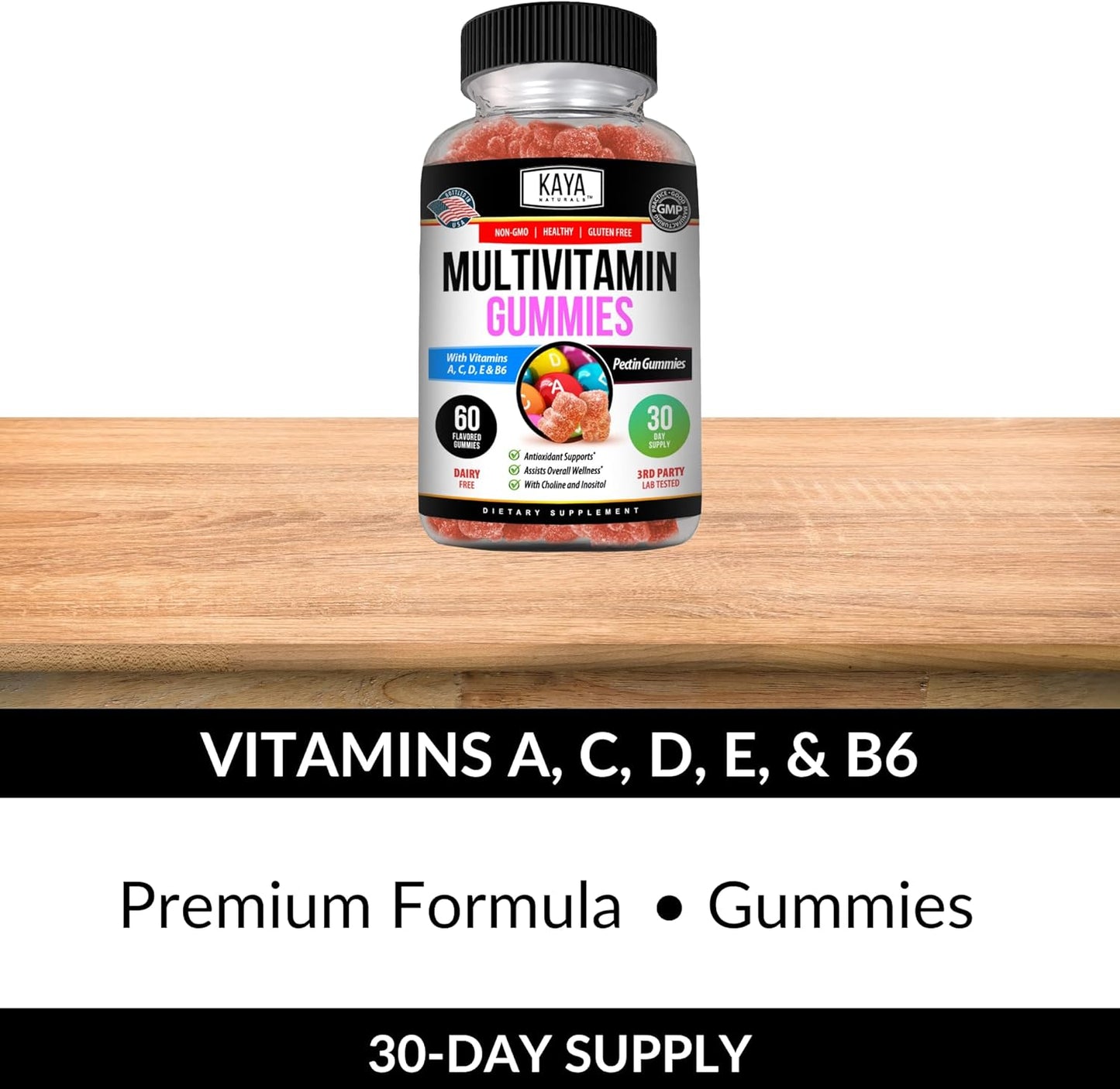 Gluten-Free Strawberry Flavored Adult Multi Vitamin Gummies with Biotin, Vitamin A, C & E, Zinc, Vitamin B-12, Folic Acid - 60 Count
