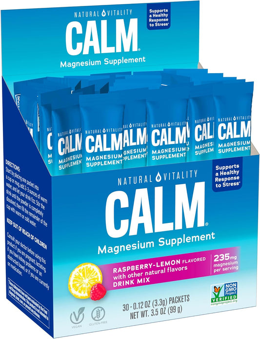 Gluten Free Vegan Anti-Stress Drink Mix Powder with Magnesium Citrate - Raspberry Lemon Flavor, 30 Packets, Natural Vitality Calm
