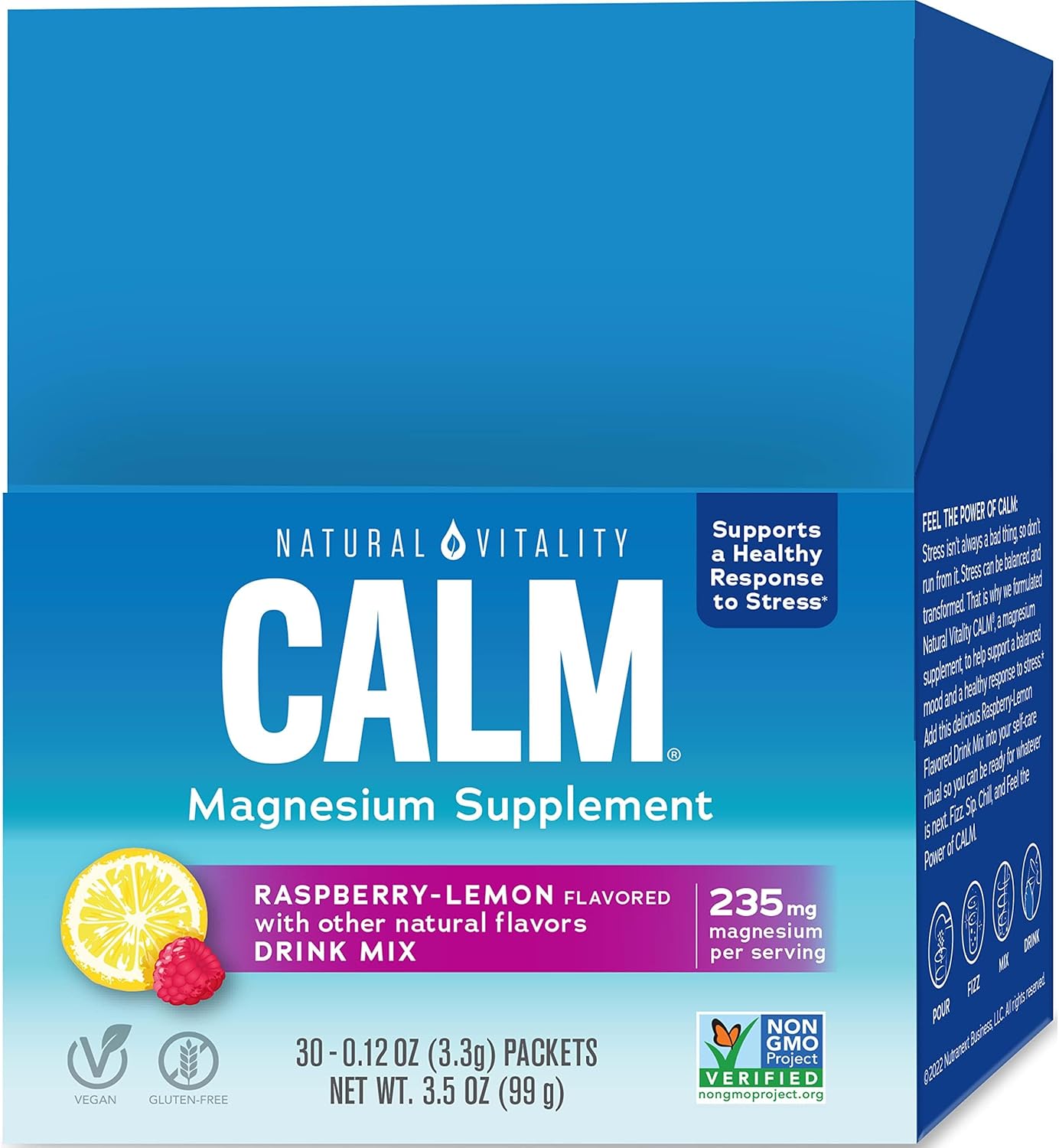 Gluten Free Vegan Anti-Stress Drink Mix Powder with Magnesium Citrate - Raspberry Lemon Flavor, 30 Packets, Natural Vitality Calm