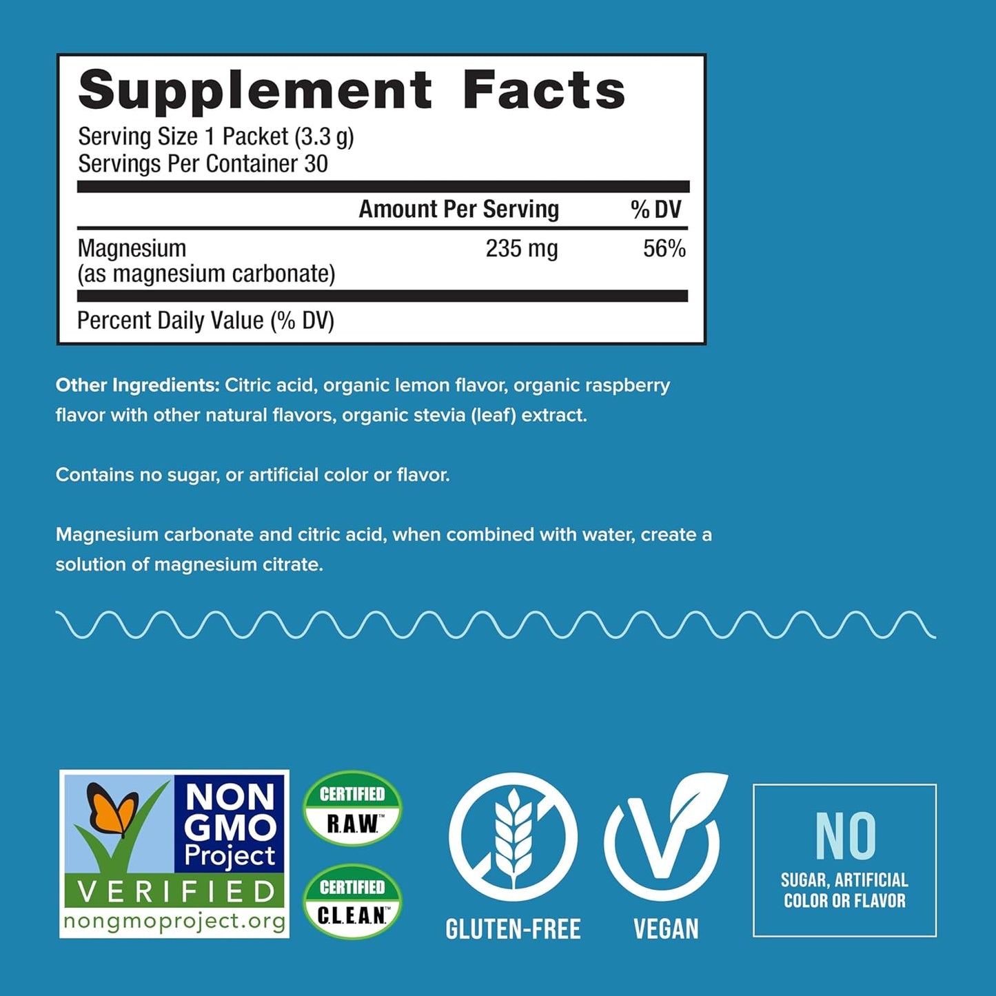 Gluten Free Vegan Anti-Stress Drink Mix Powder with Magnesium Citrate - Raspberry Lemon Flavor, 30 Packets, Natural Vitality Calm