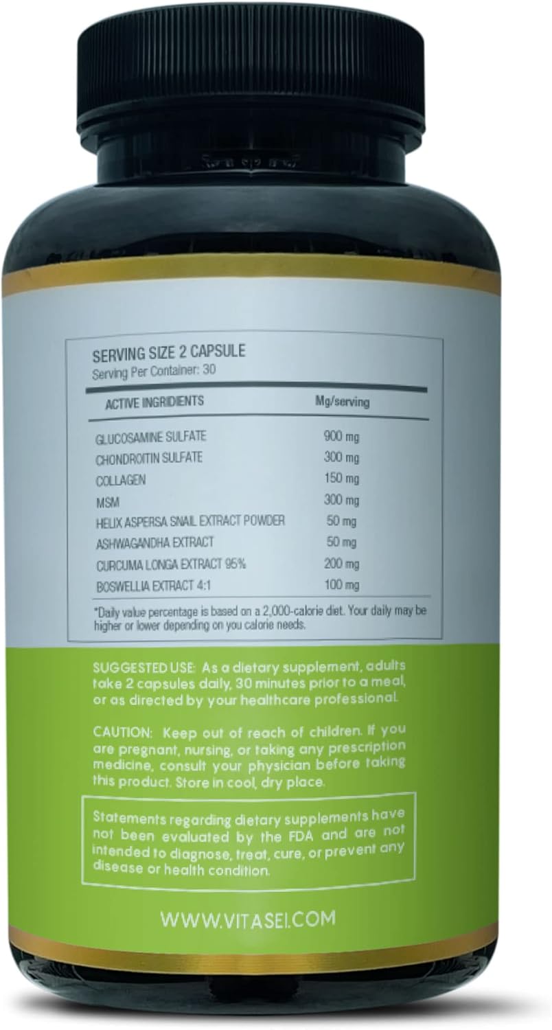 Gluten-Free Vegan Joint Supplement with Snail Complex, Glucosamine, Collagen - 180 Capsules