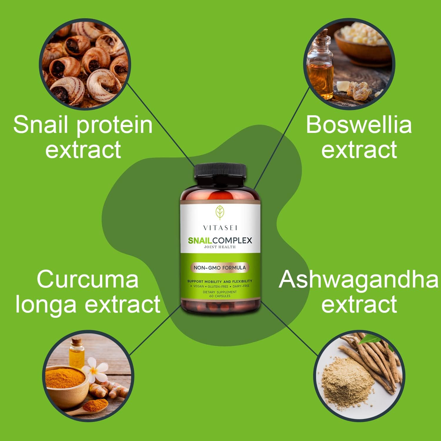 Gluten-Free Vegan Joint Supplement with Snail Complex, Glucosamine, Collagen - 180 Capsules