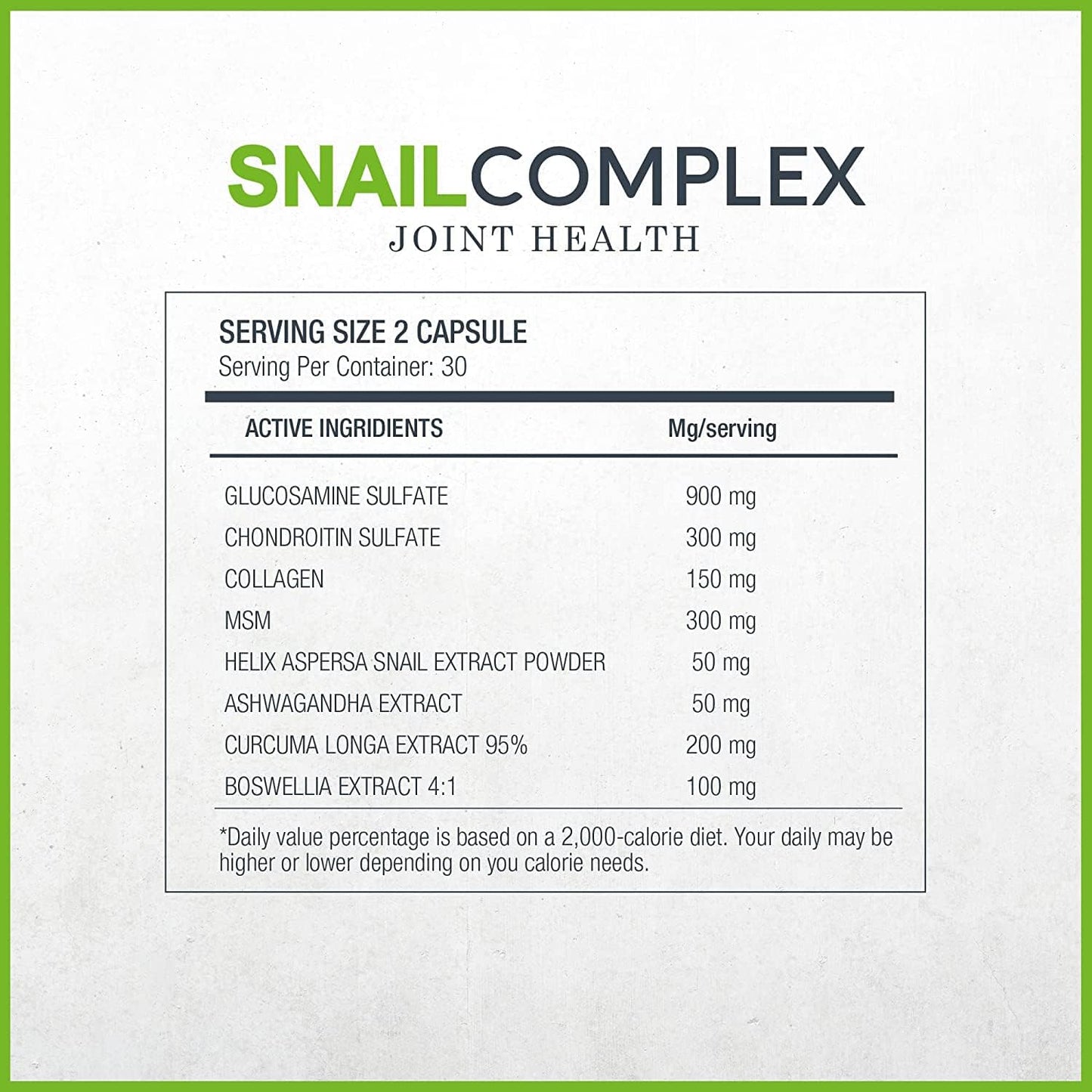Gluten-Free Vegan Joint Supplement with Snail Complex, Glucosamine, Collagen - 180 Capsules